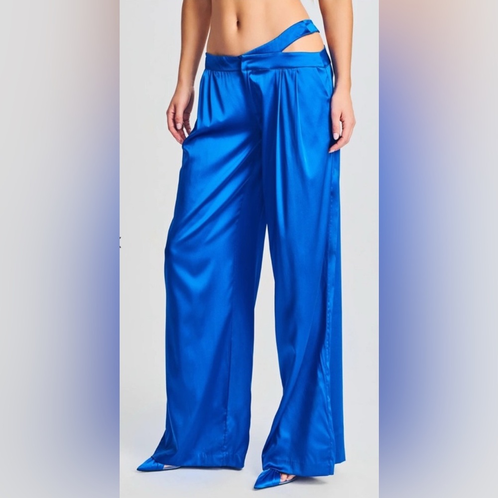 SEROYA Silk Wide-Leg Trousers with Waist Cutout - Royal Blue